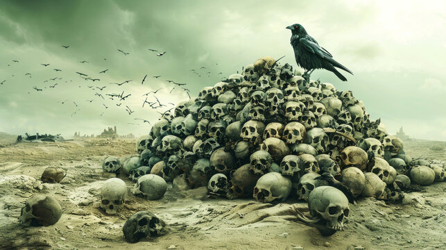 raven on top of pile of human skulls, global war concept