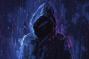 A hacker in a hood with a pixelated face hidden against a dark blue and light neon background