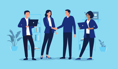 Poster - Businesspeople teamwork - Group of four business people with computers shaking hands over deal and agreement in blue office setting. Agreement and collaboration concept in flat design vector graphic