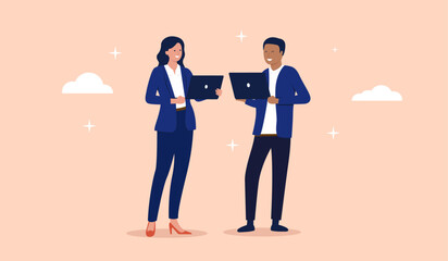Poster - great it computer office workers - man and woman standing with laptops in hand smiling together with