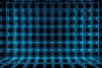 Sticker - 3D geometric structure of glowing blue cubes on a dark background. Abstract digital design for web, technology, and futuristic themes.