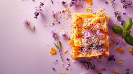 Wall Mural - Vegetarian lasagna garnished with edible flowers on pastel background