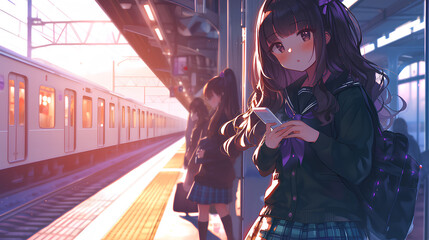 anime school girl waiting for train, subway station background