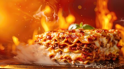 Wall Mural - Hearty layered lasagna with bubbling cheese and meaty sauce in fiery background