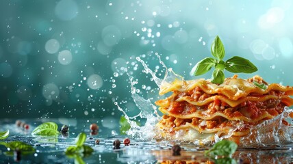 Canvas Print - Fresh lasagna with basil garnish in vibrant splash scene, emphasizing delicious layers