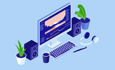 Leinwandbilder - Video edit and production - Desktop PC computers with movie software on screen. Home edit and semi professional content creating concept in flat design isometric perspective illustration