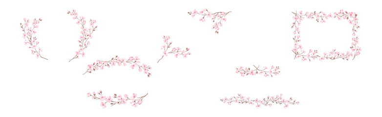 Wall Mural - Twigs of Sakura or Cherry Blossom Arranged in Frames and Borders Vector Set