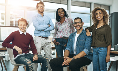 Aufkleber - Portrait, teamwork or business people in modern office, startup or diversity with cooperation. Group, staff or employees in workplace, multiracial or design company with consulting agency or creative