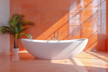 Modern peach-colored bathroom with a freestanding white bathtub and natural light