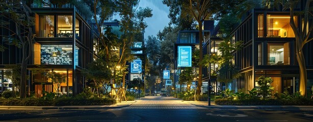 Nighttime street view of industrial style townhouse development . Featuring black facade panels, large glass windows, blue and white LED lighting,Modern architecture with smart home technology.