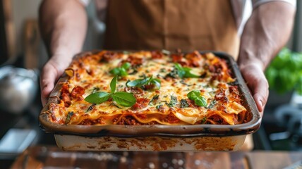 Wall Mural - Homemade baked lasagna with cheese, herbs, and meat, served hot