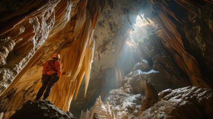 Researcher exploring stalagmites in a large, illuminated cave