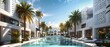 © rui - Architectural rendering of a modern residential complex with white and gray buildings, large windows, and outdoor pool area surrounded by palm trees and greenery.