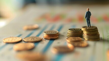 Miniature Businessman Standing on a Stack of Coins