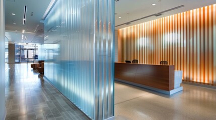Modern office corridor with blue and orange glass wall panels. Interior architecture photography.