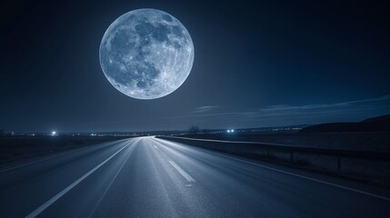 Wall Mural - A highway lit by the full moon, with the landscape bathed in a silvery glow and the road stretching into the night, captured in stunning high-definition.