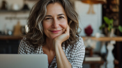 Wall Mural - Smiling mature woman with hands on chin in cozy home setting