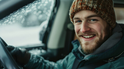 Sticker - Smiling young man wearing knit hat driving in winter