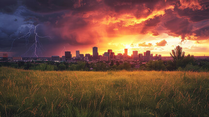 Wall Mural - Stormy sunset with city skyline and lightning in Denver, Colorado