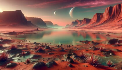 A surreal and futuristic scene of a sea on Mars, with reddish terrain and rocky cliffs surrounding a body of water.