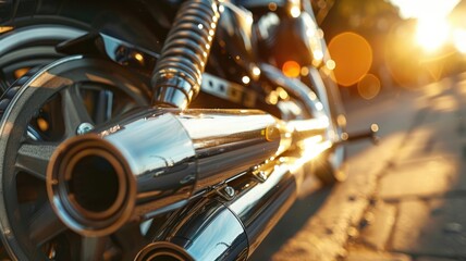 Wall Mural - Close-up of motorcycle exhaust pipes reflecting sunlight on urban street