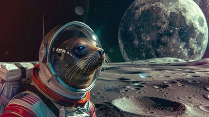 Wall Mural - A seal in a space suit stands on the moons surface in celebration of Cosmonautics Day against the backdrop of the planet