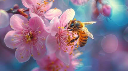 Wall Mural - Closeup of Honey Bee on Vibrant Pink Blossoms in Spring Garden