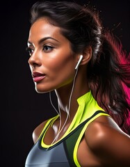 Canvas Print - portrait of a brunette woman runner wearing black top and earphones on black background	