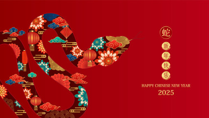 happy chinese new year 2025. snake zodiac with lanterns, cloud on red background for card design. ch