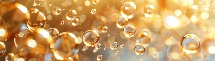Poster - Golden bubbles floating gently, creating a mesmerizing and dreamy atmosphere with warm, vibrant hues, perfect for abstract backgrounds.