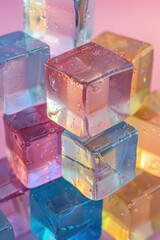 Poster - Close-up of colorful translucent ice cubes stacked together with water droplets, creating a refreshing and vibrant visual on a pink background.