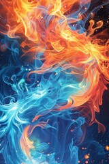 Poster - abstract artwork showcasing the dynamic interplay of blue and orange flames, illustrating the contra