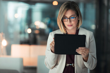 Aufkleber - Business woman, typing and tablet in office for corporate communication, internet research and networking. Female person, technology and working late night for project planning and company email