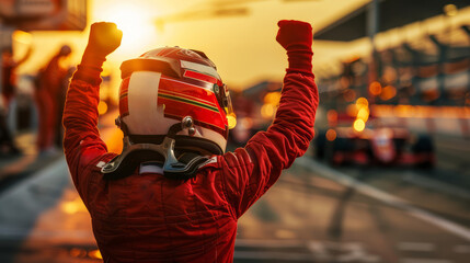 Motor sport race car driver celebrating winning a car race
