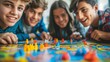© Stone Story - Group of happy teenagers playing a colorful board game together indoors, enjoying leisure time and bonding through fun and laughter.
