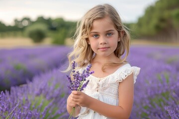 Beautiful young girl with lavender flowers standing in a field at sunset