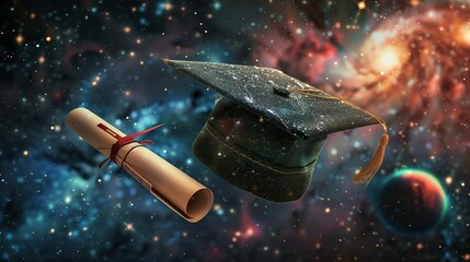 Wall Mural - A graduation cap and diploma floating in space, with stars and galaxies in the background, isolated on a clean black background 