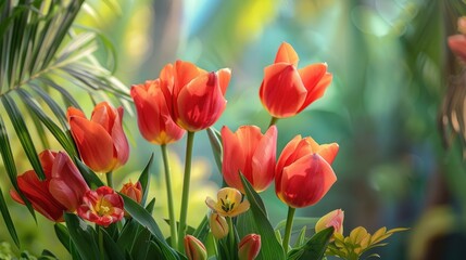 Wall Mural - red tulip a stunning bouquet of tropical flowers with exotic green leaves on natural ground backgrou