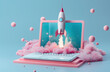 © Studio Zenith - Lancement d'une fusée spatiale à partir de l'écran d'un ordinateur portable, fond bleu