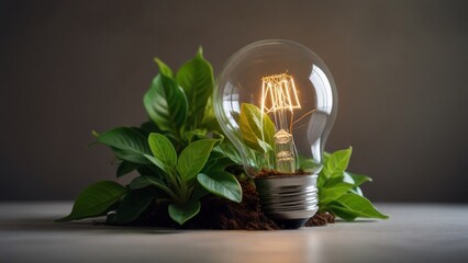 Wall Mural - Green Energy Concept with Light Bulb and Plants