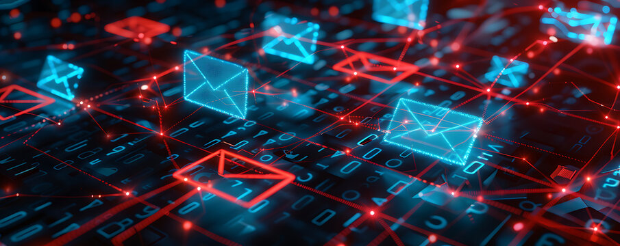Futuristic Vibrant digital email communication artwork showcasing multiple neon  email icons floating amidst a matrix of binary code. 