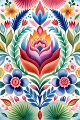 Wall Mural - Vibrant floral pattern with symmetrical flowers and leaves