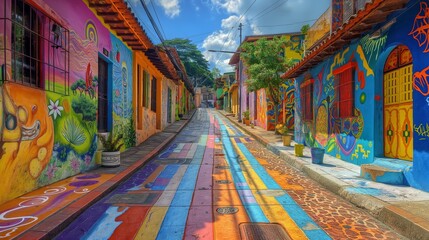 Wall Mural - A vibrant, painted street in a bohemian village, with colorful murals on every building, captured as if through a high-resolution camera.