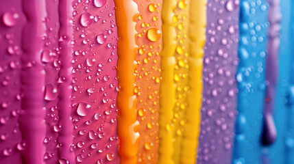Wall Mural - A colorful rainbow with water droplets running down its sides. The colors are vibrant and the droplets are small, creating a sense of movement and energy. The rainbow appears to be a work of art