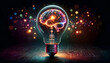 © KeetaKawee - a brain inside, glowing warmly. The dark, slightly blurred background with bokeh lights highlights the light bulb, creating a minimalistic yet striking visual.