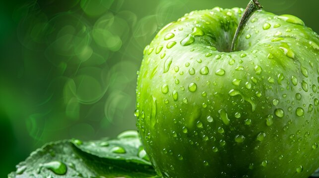  A closeup of an apple with water droplets on it, against a green background.