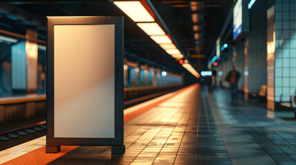 Wall Mural - An empty canvas board with a slight shadow cast from the overhead lights, set against a background of passengers waiting on the platform. .