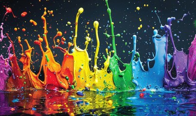 Wall Mural - Detailed image of paint splattering, rainbow splashes on black background