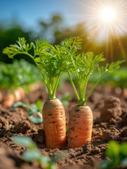 Wall Mural - Sunlit Carrot Harvest Fresh Organic Carrots Growing in a Vibrant Garden Under the Warm Sunshine Witness Nature's Bounty in a Picturesque Setting