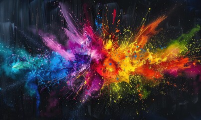 Rainbow paint explosion, colorful bursts against a black canvas
